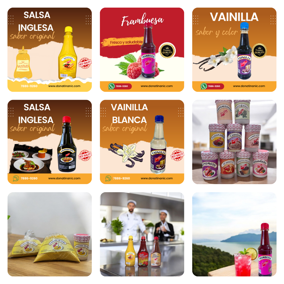 presentaciones de productos doña tina nicaragua. salsa inglesa, vainilla, mostaza